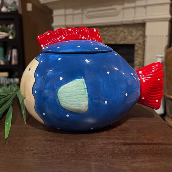 Large 12" Fish Design Cookie Jar by Coco Dowley w/ Lid Ceramic Blue Colorful - Picture 4 of 8